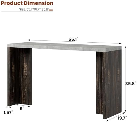 Bar Table for 4-6 People - 55” Long Counter Height Pub with Extra Thickened Tabletop, Modern Rectangular Home Bar Coffee Unit for Kitchen, Dining Room, Balcony, Living Room, Basement, Gray+Brown