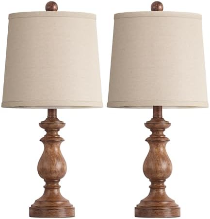 PARTPHONER Traditional Table Lamp Set of 2, Rustic Farmhouse Table Lamps for Living Room Bedroom, 22" Bedside Desk Lamps Vintage Nightstand Lamps with Linen Shades, Wood Grain