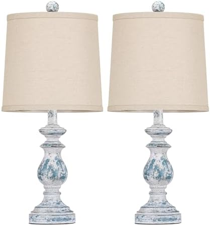 PARTPHONER Traditional Table Lamp Set of 2, Rustic Farmhouse Table Lamps for Living Room Bedroom, 22" Bedside Desk Lamps Vintage Nightstand Lamps with Linen Shades, Washed Blue
