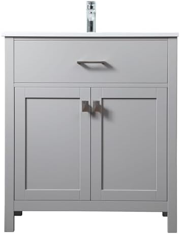 30" Pre-Assembled Bathroom Vanity with Sink, Engineered Wood, Calacatta White Engineered Marble Countertop Attached, Single Rectangle Porcelain Sink, Grey