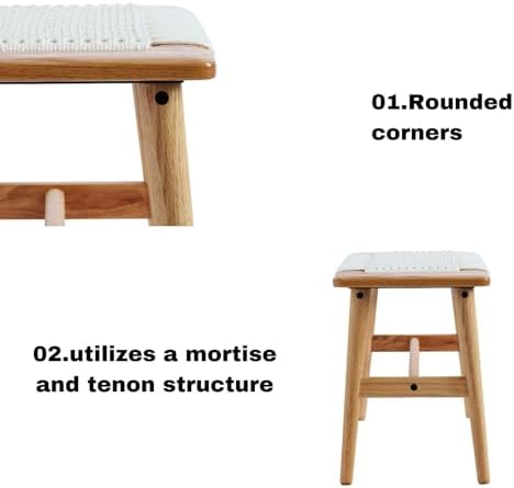 31.5'' Woven Dining Beach with 100% Solid Oak Wood Bench Frame, Hand Knitted Rope Designed Bed End Shoe Bench for Kitchen Bedroom Entryway, White