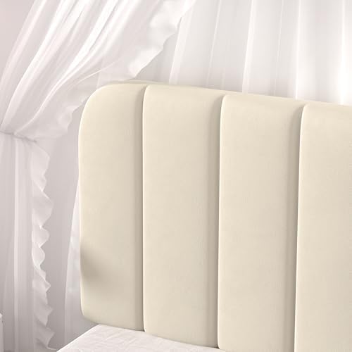 VECELO Twin Size Bed Frame with Upholstered Headboard, Velvet Platform Bedframe Mattress Foundation, Strong Wood Slat Support, No Box Spring Needed,Bone Beige