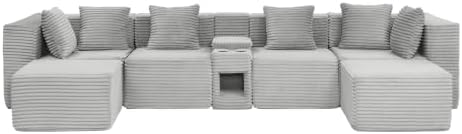144-Inch Oversized U-Shaped Modular Cloud Couch Boneless Corner Sectional Couch W/Console & Ottomans, Compression Boneless Corner Sofa Corduroy Sectional Sofa for Living Room