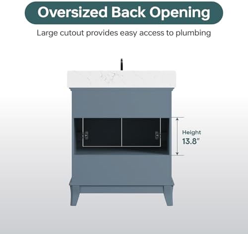 30" Bathroom Vanity with Sink, Fully Assembled, Steel Blue | Freestanding Solid Wood Bathroom Vanities with Quartz Countertop & Backsplash, Soft Close Doors & Dovetail Drawer