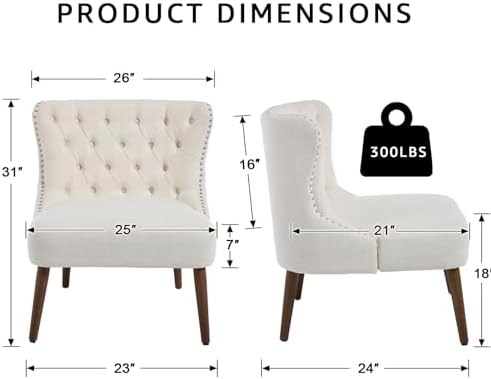 Kmax Accent Chair, Slipper Chair with Button Tufted Wingback, Armless Living Room Chair with Nails Decorative Modern Side Chair for Bedroom Reception Office Small Space - Linen Beige, Walnut Legs