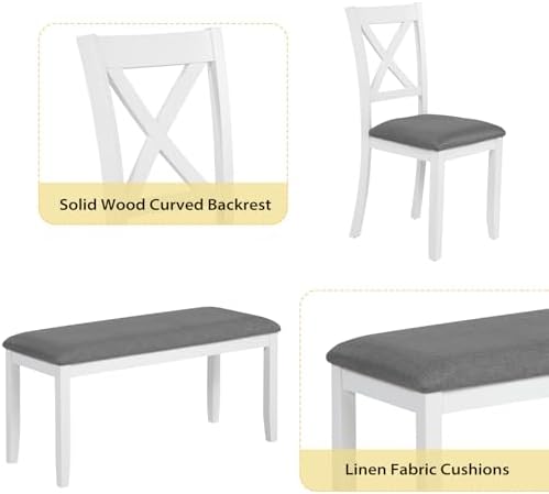 Zevemomo 6-Piece Solid Wood Dining Table Set, Wooden Legs Dinner Set, White