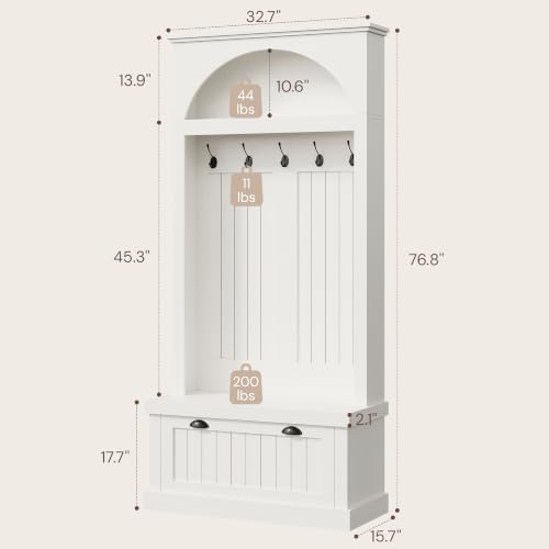 Hall Tree with Bench and Shoe Storage, Farmhouse Entryway Coat Rack with Arched Top Shelf, 5 Hooks, Flip-Down Shoe Cabinet, Beadboard Paneling, Anti-Tip Device, White, 32.7" x 15.8" x 76.8"