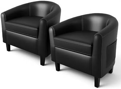 GarveeHome Accent Barrel Chairs Set of 2 Faux Leather Club Armchairs Living Room Chairs with Soft Padded Seat for Bedroom Waiting Reading Room(Black)