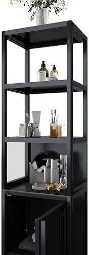Tall Slim Bamboo Storage Cabinet, Freestanding Linen Tower with Shutter Door & 3 Tier Shelves, Narrow Floor Organizer for Bathroom, Kitchen, Living Room, Laundry Room, Small Space Storage, Black