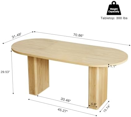 70.8 Inch Kitchen Dining Table for 4-6 People, Oval Kitchen Table with Wood Strip Base, Modern Farmhouse Large Round Dining Room Tables for Living Room (Natural)