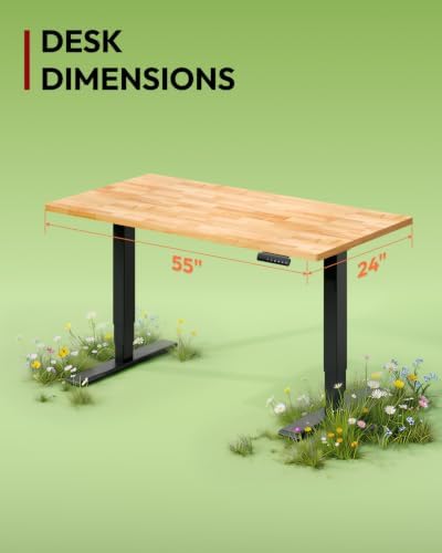 SANODESK Solid Rubberwood Standing Desk Dual Motor 55"x24" Natural/Black