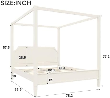 King Size Wood Canopy Bed Frame, White Vintage Four-Posters Platform Bed Frames with Headboard, 10-Slat Support Wooden Post Beds, 8" Under Bed Storage, Easy Assembly (Creamy White, King, 77"H)