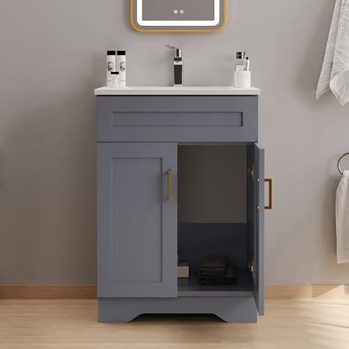 24 Inch Bathroom Vanity with Sink, Bathroom Storage Vanity Cabinet for Small Space, Bathroom Vanity with 2 Doors, Modern Freestanding Vanity Sink (Grey)