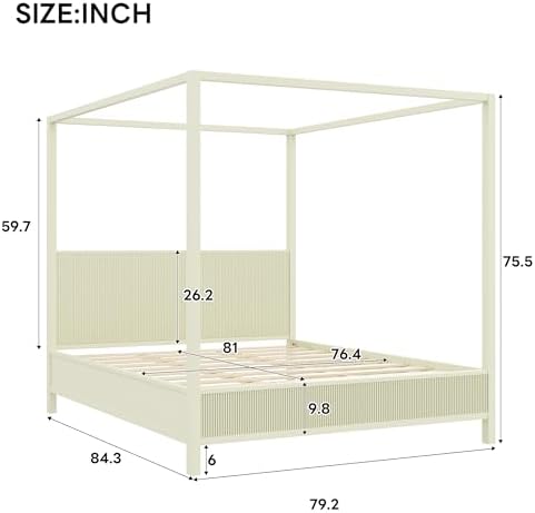 King Size Wood Canopy Bed Frame, Beige Vintage Four-Posters Platform Bed Frames with Headboard, 10-Slat Support Wooden Post Beds, 6" Under Bed Storage, Easy Assembly (Beige, King, 75.5"H)