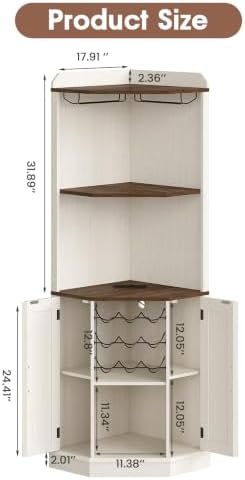 Vabches Farmhouse Corner Bar Cabinet with LED Lights Wine Bar Cabinet White