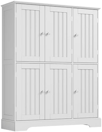 ChooChoo Bathroom Floor Cabinet with 6 Doors and Adjustable Shelves | Modern Bathroom Storage Cabinet, Freestanding Cupboard for Living Room, White