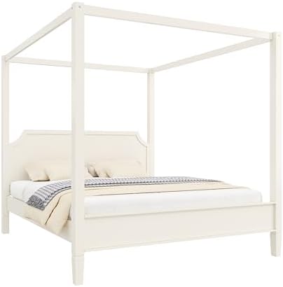King Size Wood Canopy Bed Frame, White Vintage Four-Posters Platform Bed Frames with Headboard, 10-Slat Support Wooden Post Beds, 8" Under Bed Storage, Easy Assembly (Creamy White, King, 77"H)