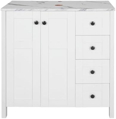 32" White Bathroom Vanity with Marble Texture Top and 4 Drawers, Modern Standing Pedestal Cabinet Without Sink