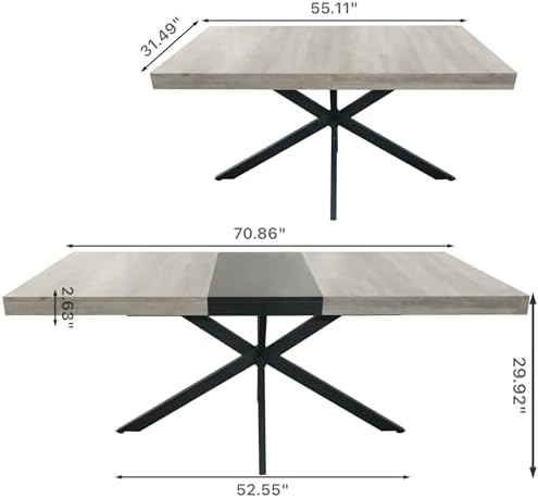 Extendable Dining Table for 4-6 People, 55" to 71" Expandable Table with Hidden Storage Drawer and Black Metal Base, Modern Rectangular Kitchen Dining Table, Grey & Black