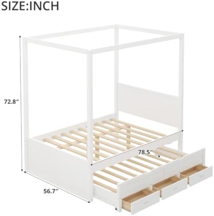 SANOFI Full Size Wood Canopy Bed with Twin Size Trundle, White