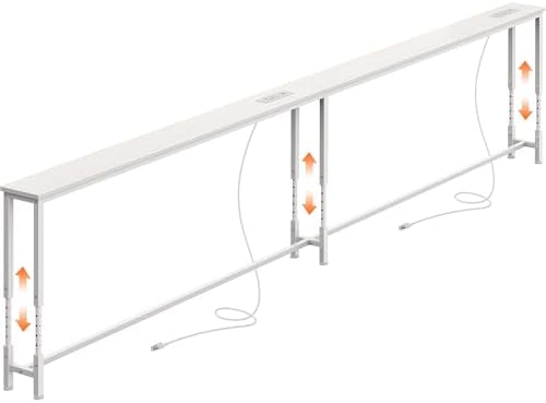 Huuger 110.2 Inch Sofa Table with Power Outlets, 23.9’’-34.4’’ Height Adjustable Range, Behind Couch Table with USB-C Ports, Sofa Tables Narrow Long, Skinny Console Table, for Small Spaces, White