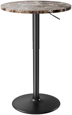 Flamaker Round Bistro Pub Table 23.6 Inch Height Adjustable 360° Swivel Bar Table Metal Base for Pub, Dining Room, Party (1, Marble-Black)