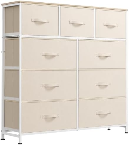 WLIVE Tall Dresser for Bedroom, 9 Drawer Chest of Drawers, Cream White
