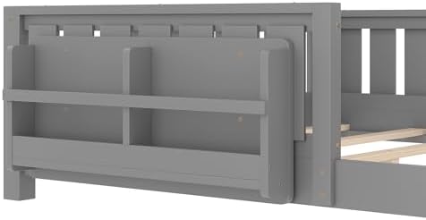 Bellemave Queen Size Floor Bed with Slats and Safety Guardrail, Queen Size Montessori Floor Bed with Fence and Built-in Bookshelf, Easy Assemble Montessori Beds for Girls, Boys, Gray