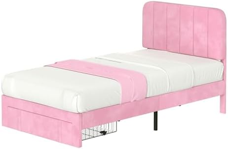VECELO Twin Size Upholstered Bed Frame with Drawer and Headboard, Velvet Platform Storage Bedframe, Wooden Slats Support, No Box Spring Needed,Pink