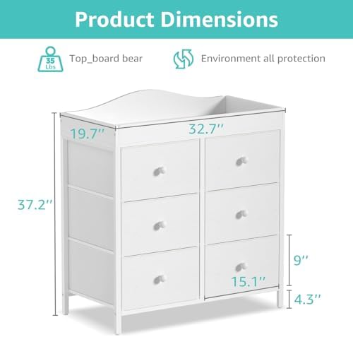 BOLUO White Changing Table Dresser with 6 Drawers Baby Dresser with Changing Table Top Diaper Changing Station with Storage for Nursery Modern