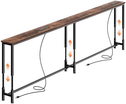 Huuger 78.7 Inch Sofa Table with Power Outlets, 23.9’’-34.4’’ Height Adjustable Range, Behind Couch Table with USB-C Ports, Sofa Tables Narrow Long, Skinny Console Table, Small Spaces, Rustic Brown