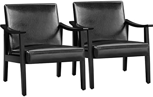 Yaheetech Accent Chairs Set of 2, Mid-Century Faux Leather Armchairs, Black