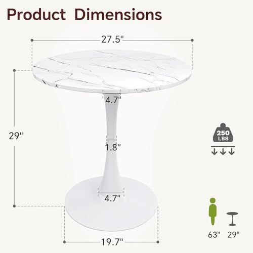 27.5" Tulip Round Dining Table with Metal Pedestal Marble Wh