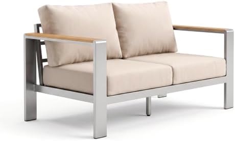 Aluminum Outdoor Patio Loveseat, Rustproof 2-Seater Sofa with Thick Removable & Washable Cushions, All-Weather Patio Furniture Couch for Deck, Balcony, Porch, Yard, Garden, Poolside, Or Indoor, Silver