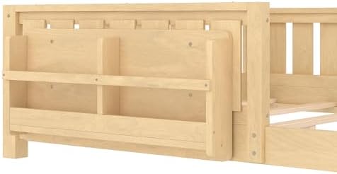 Bellemave Queen Size Floor Bed with Slats and Safety Guardrail, Queen Size Montessori Floor Bed with Fence and Built-in Bookshelf, Easy Assemble Montessori Beds for Girls, Boys, Light Natural