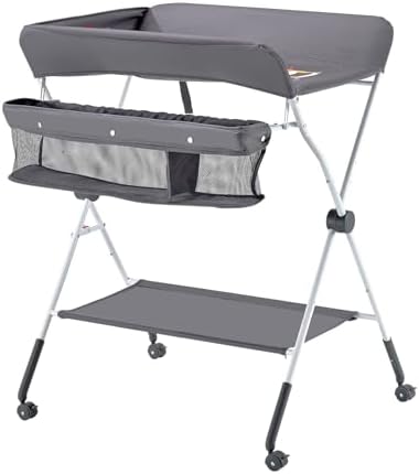 VEVOR Baby Changing Table, Foldable Diaper Change Station with Side Basket, Adjustable Height Changing Table with Lockable Wheels, Multi-Functional Nursery Storage Organizer, Dark Gray