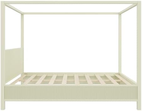 Queen Size Wood Canopy Bed Frame, Beige Vintage Four-Posters Platform Bed Frames with Headboard, 10-Slat Support Wooden Post Beds, 6" Under Bed Storage, Easy Assembly (Beige, Queen, 75.5"H)
