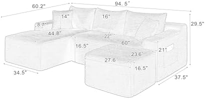 95-Inch U-Shaped Left Facing Corner Compressed Sofa Modular Sectional Boneless Cloud Sofa Floor Foam Couch W/Chaise Lounge & Ottoman, Corduroy Corner Boneless Cloud Couch
