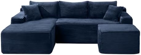 95-Inch U-Shaped Left Facing Corner Compressed Sofa Modular Sectional Boneless Cloud Sofa Floor Foam Couch W/Chaise Lounge & Ottoman, Corduroy Corner Boneless Cloud Couch
