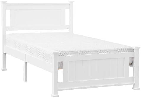 Bonnlo Twin Size Solid Wood Platform Bed Frame, Single Bed with Headboard, No Box Spring Needed Panel Bed, Wood Slat Support Mattress Foundation, White
