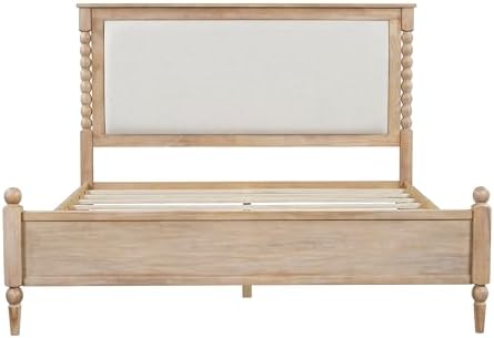Merax Queen Size Solid Wood Platform Bed Frame, Upholstered Headboard & Classic Spindle & with Fabric Panel, No Box Spring Needed, 500 lbs Capacity Timeless Traditional for Bedroom, Natural