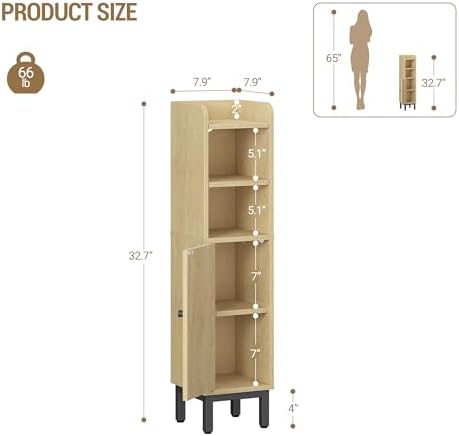 Hzuaneri Bathroom Storage Cabinet, Small Corner Floor Cabinet | Narrow Toilet Paper Holder, Bathroom Organizer with Adjustable Shelf, 2 Doors, for Small Spaces, Yellow BC08202B