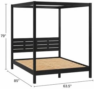 Solid Pine Canopy Bed Frame, Queen - Matte Black Painted Finish