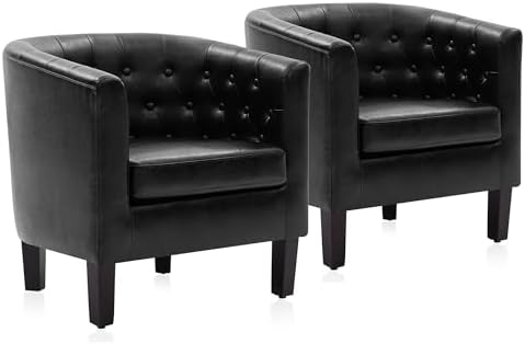 BELLEZE Black Accent Chairs for Living Room, Set of 2 Elegant Arm Chairs, Upholstered Tufted Barrel Chairs Club Chairs for Bedroom with Sturdy Legs and Faux Leather - Berlinda (Black)