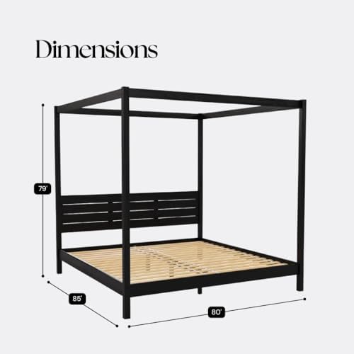 Solid Pine Canopy Bed Frame, King — Matte Black Painted Finish