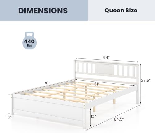 Giantex Queen Size Solid Wood Platform Bed Frame, Mid Century Queen Bed Frame with Headboard, Wooden Slat Support, Queen Panel Bed, No Box Spring Needed, Easy Assembly, White
