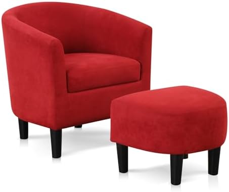 INZOY Modern Accent Chair with Ottoman for Small Space, Club Chair with Ottoman Set, Comfy Fabric Barrel Reading Chairs for Living Room Bedroom, Round Reading Chair with Foot Rest, Red