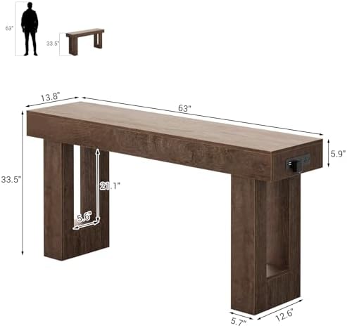 Unikito 63" Console Table with Sensor Light and Oulets, Rustic Oak
