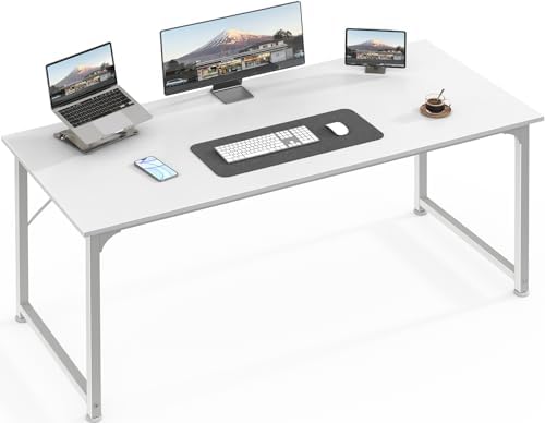 Huuger Computer Desk, 55 Inch Home Office Desk, Gaming Writing Work from Home Study Desk, Large Legroom, Sturdy Metal Frame, Modern Simple, White