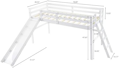 VINGLI Loft Bed with Slide, Twin Space Saving Kids Low Loft with Guardrail and Ladder, Pine Wood and Sturdy Single Bed Frame for Boys and Girls, White